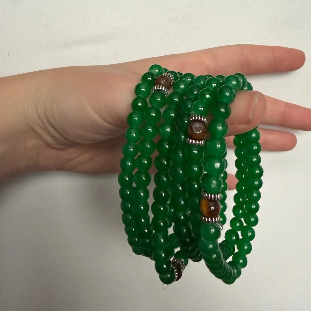 Jade / Tiger’s Eye Beaded Stretchy Bracelet with silver accents